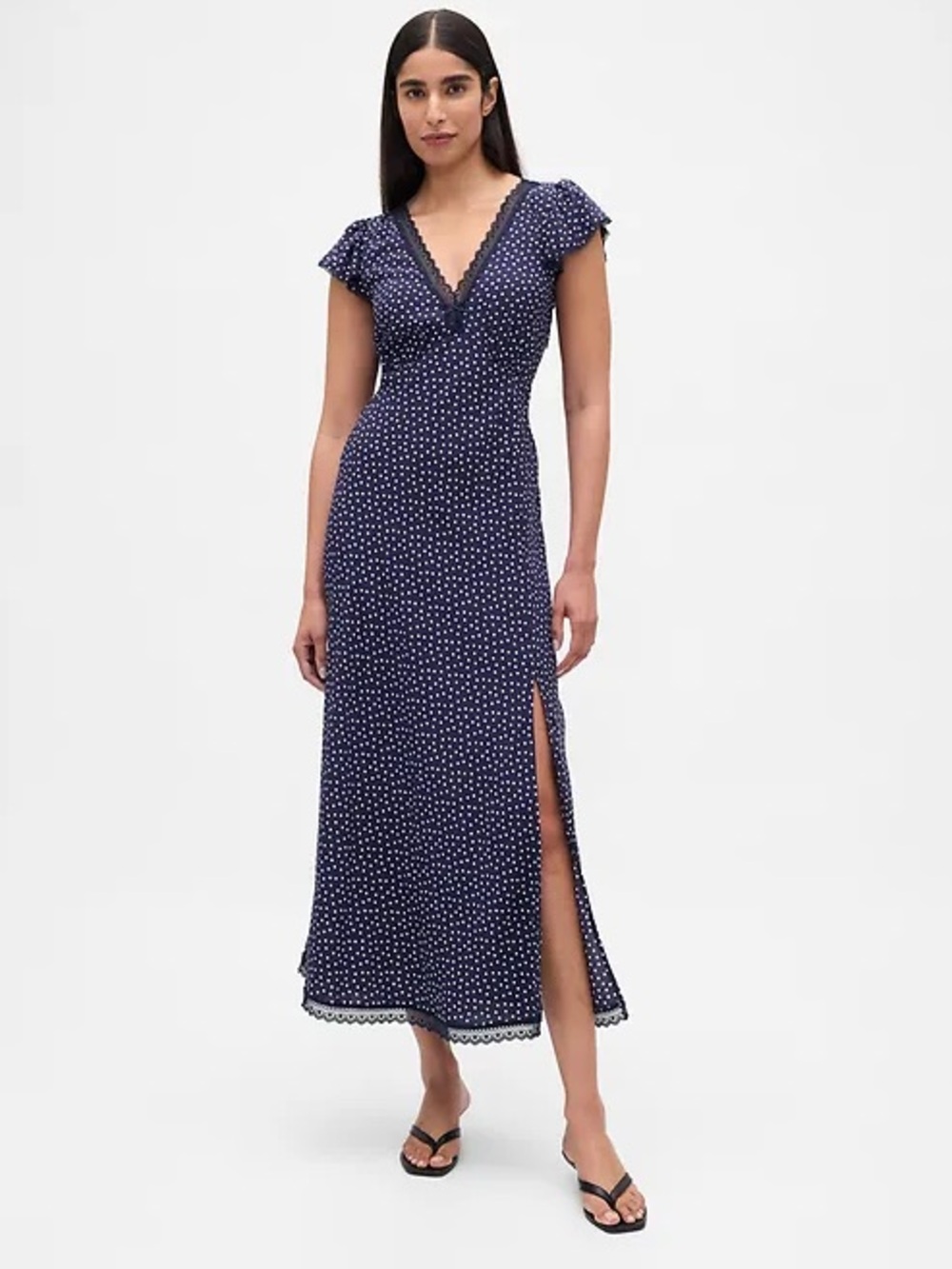 GAP Lace-Trim V-Neck Crepe Maxi Dress Navy Blue Polka Dot XLarge